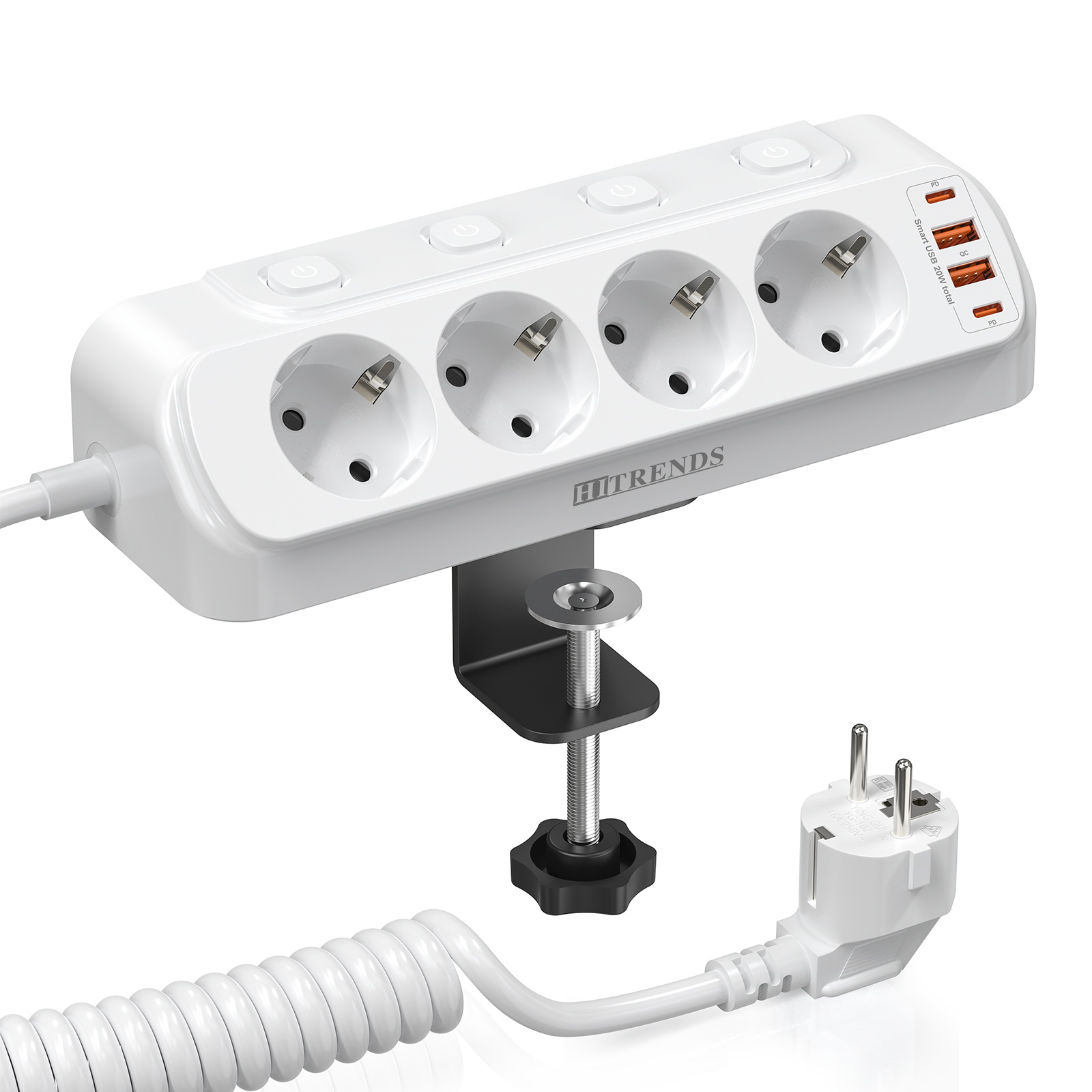 Power Strip Desk - ปลั๊กไฟมุมอเนกประสงค์ 8-in-1, ช่องเสียบ 4AC+2USB-A+2USB-C ชาร์จเร็ว, เหมาะสำหรับติดตั้งบนโต๊ะและผนัง
