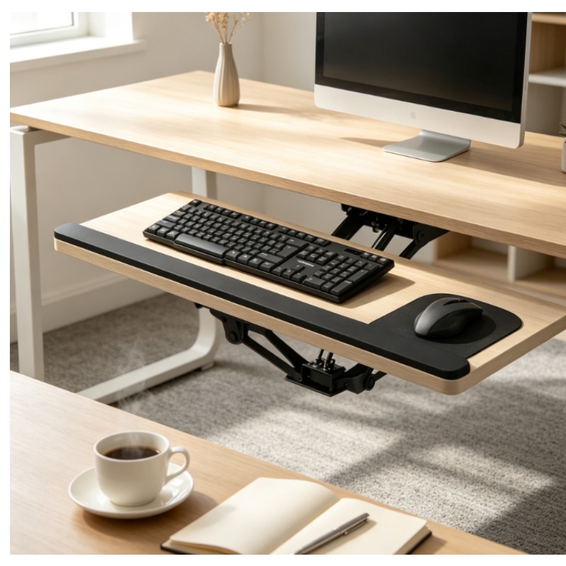 Home Office Keyboard - ถาดวางคีย์บอร์ดใต้โต๊ะพร้อมแผ่นรองเมาส์ ปรับระดับความสูงได้ตามหลักสรีรศาสตร์และหมุนได้ โครงสร้างแข็งแรงสำหรับใช้งานในโฮมออฟฟิศ