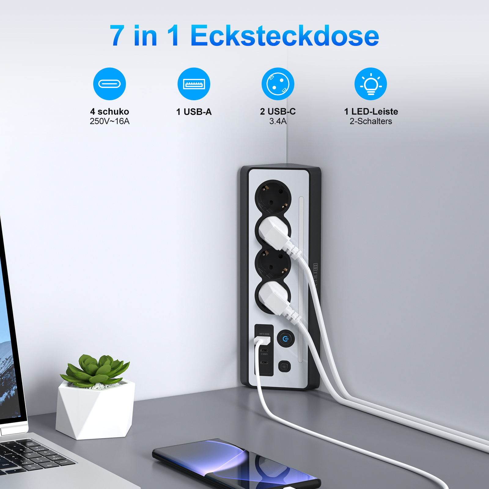ปลั๊กพ่วงมุมพร้อมไฟ LED, สายยา - Power Strip Desk บทวิจารณ์และราคา